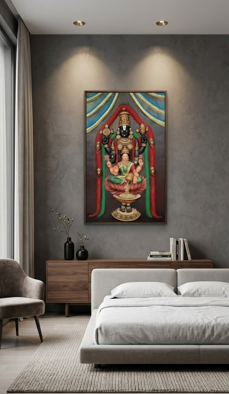 Lord Venkateswara Balaji and Goddess Lakshmi 3D Relief Sculpture Wall Art Panel - Room Mockup 3
