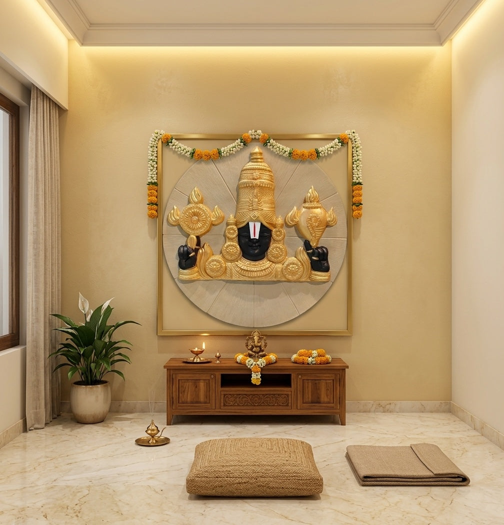 Tirupati Balaji 3D Circular Relief Wall Mural - Room Mockup 2