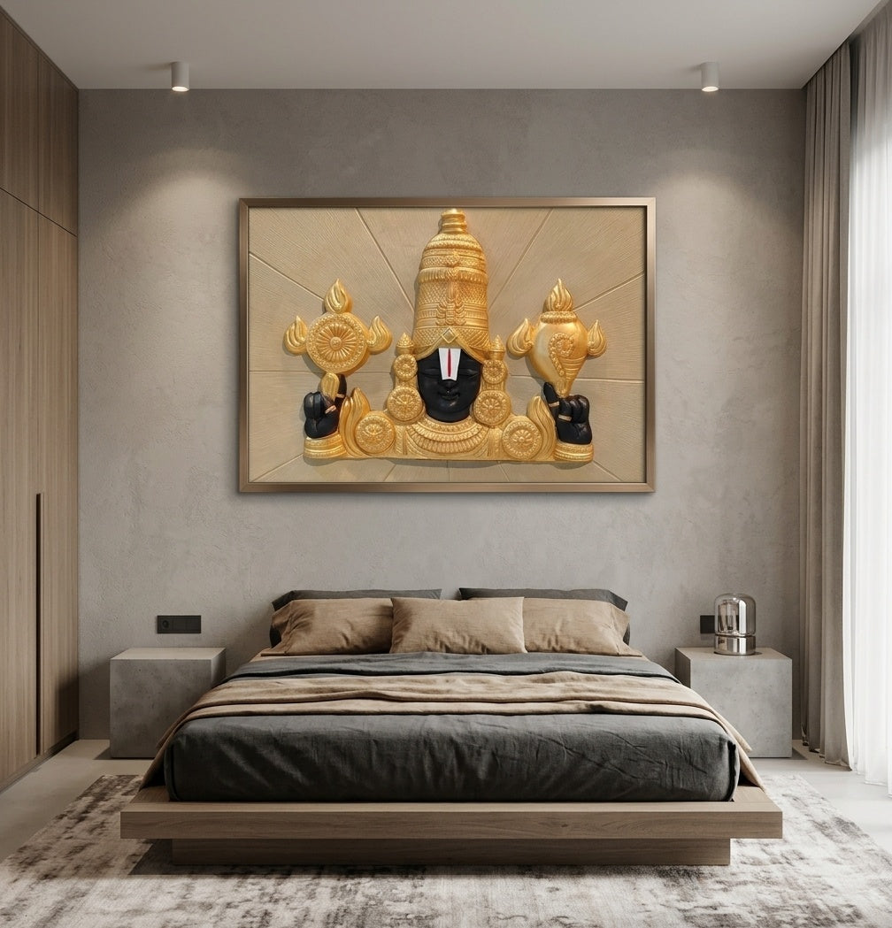 Tirupati Balaji 3D Circular Relief Wall Mural - Room Mockup 3