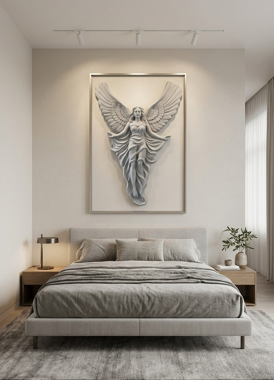 Celestial Winged Angel 3D Relief Wall Art Sculpture - Room Mockup 3