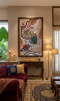 Divine Vedic Symbols 3D Relief Mural (Ganesha, Surya, 7 Horses & Om) - Room Mockup 1