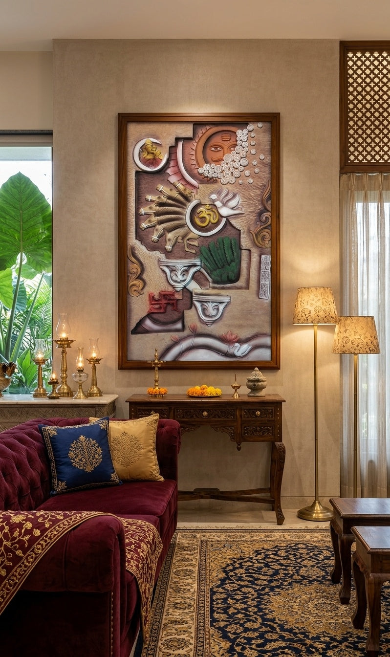 Divine Vedic Symbols 3D Relief Mural (Ganesha, Surya, 7 Horses & Om) - Room Mockup 1