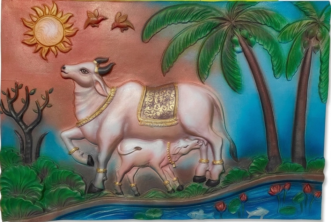 Kamadhenu Cow and Calf 3D Relief Wall Art Panel - Studio Detail