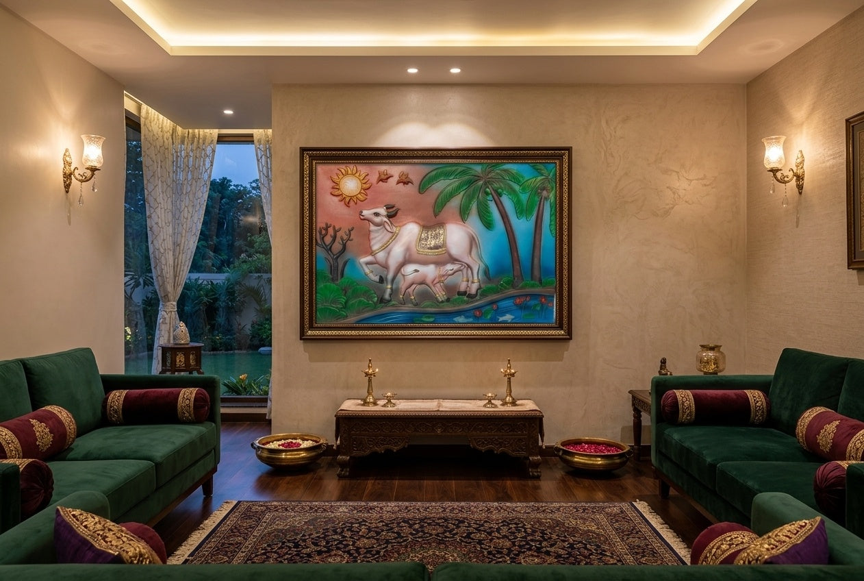 Kamadhenu Cow and Calf 3D Relief Wall Art Panel - Room Mockup 1