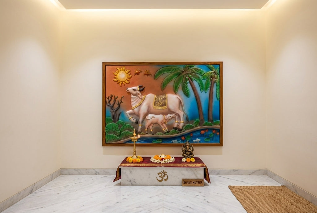 Kamadhenu Cow and Calf 3D Relief Wall Art Panel - Room Mockup 2
