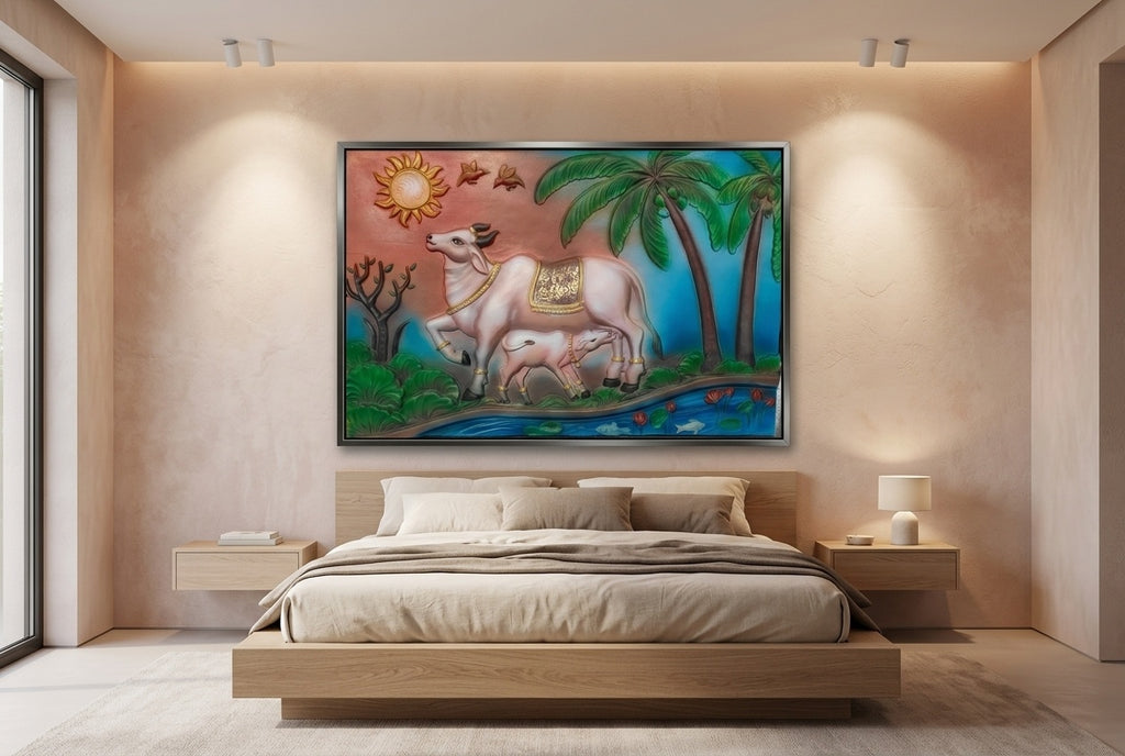 Kamadhenu Cow and Calf 3D Relief Wall Art Panel - Room Mockup 3