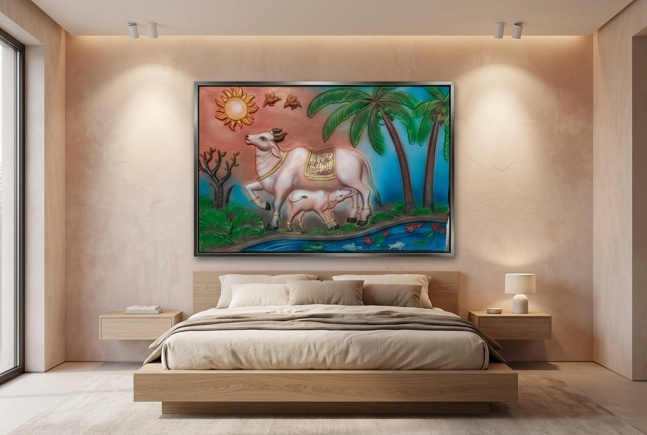 Kamadhenu Cow and Calf 3D Relief Wall Art Panel - Room Mockup 3