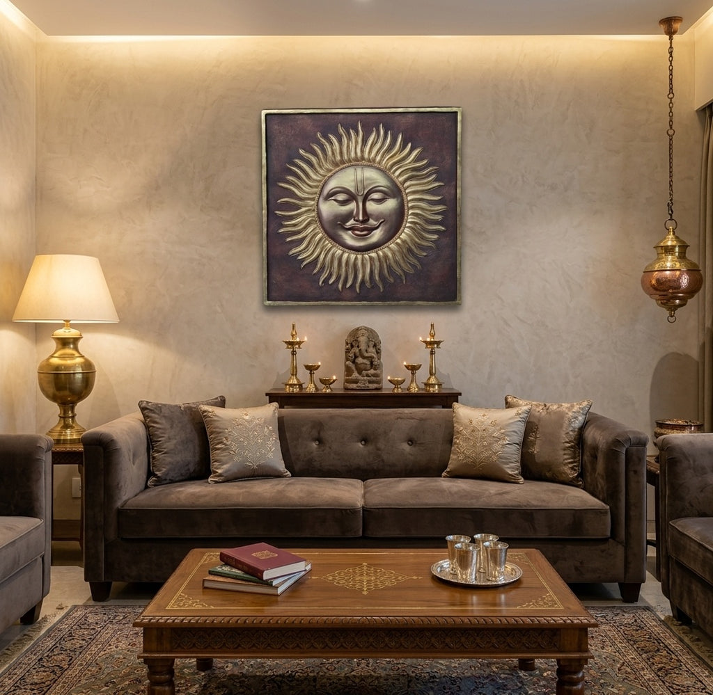 Surya Dev Golden Sun 3D Relief Sculpture Panel - Room Mockup 1