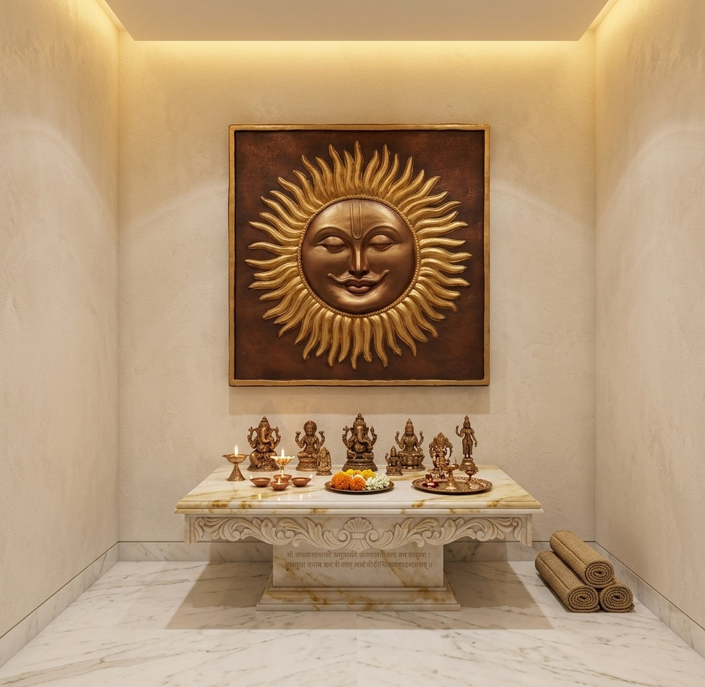 Surya Dev Golden Sun 3D Relief Sculpture Panel - Room Mockup 2