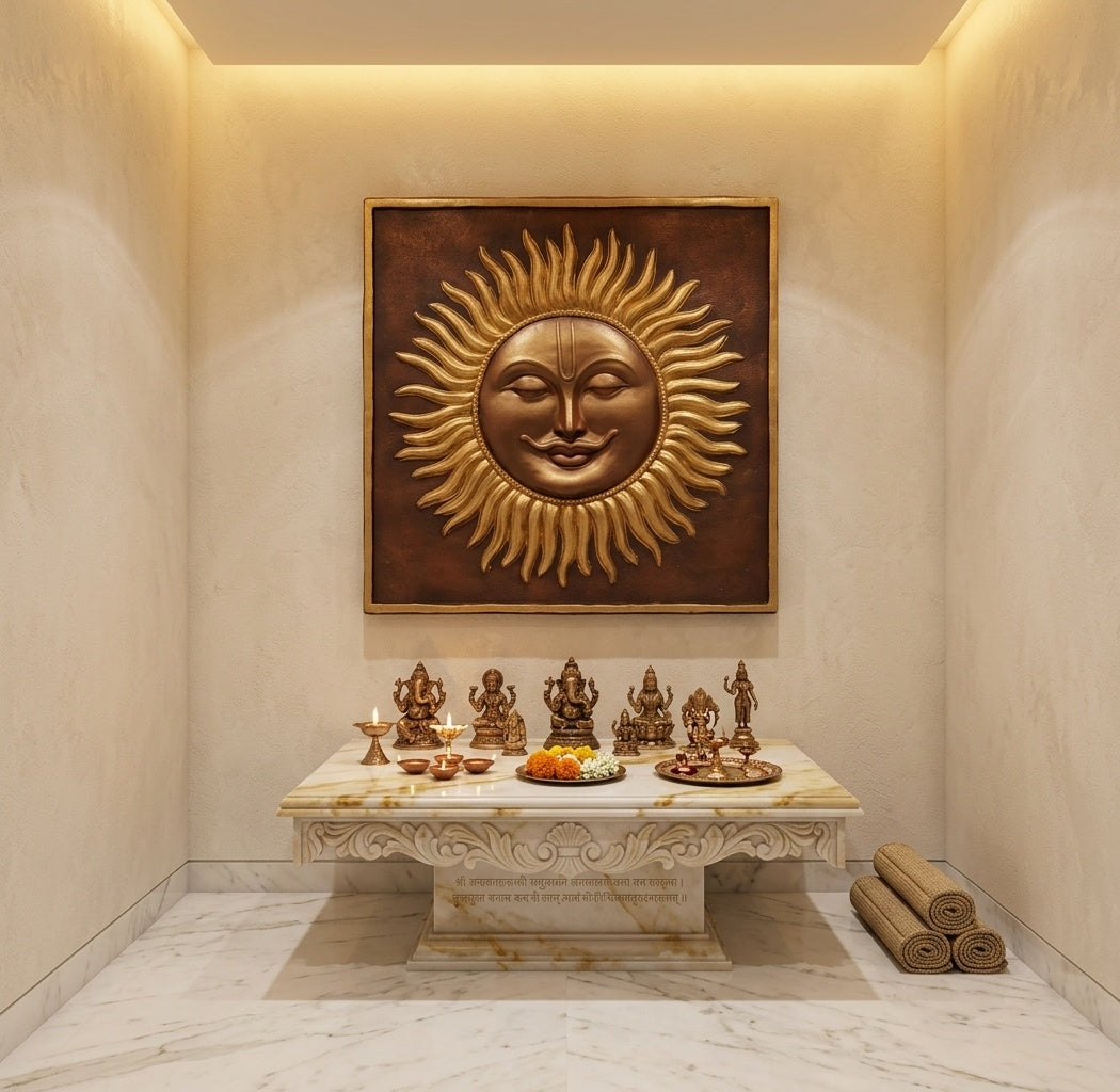 Surya Dev Golden Sun 3D Relief Sculpture Panel - Room Mockup 2