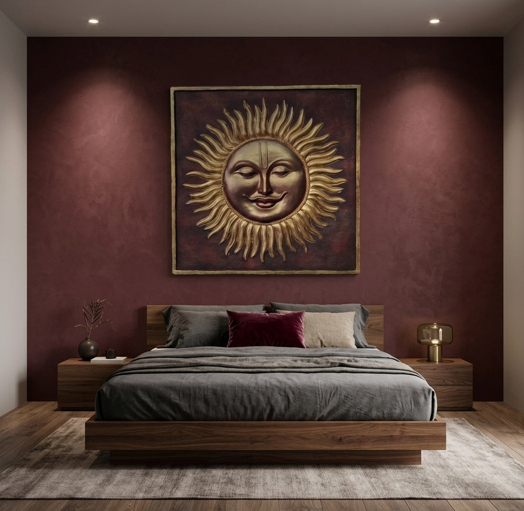 Surya Dev Golden Sun 3D Relief Sculpture Panel - Room Mockup 3