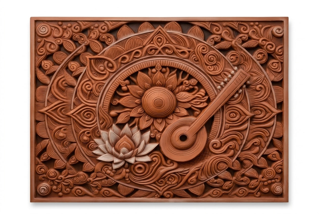 Saraswati Veena & Lotus Terracotta 3D Relief Wall Art - Studio Detail