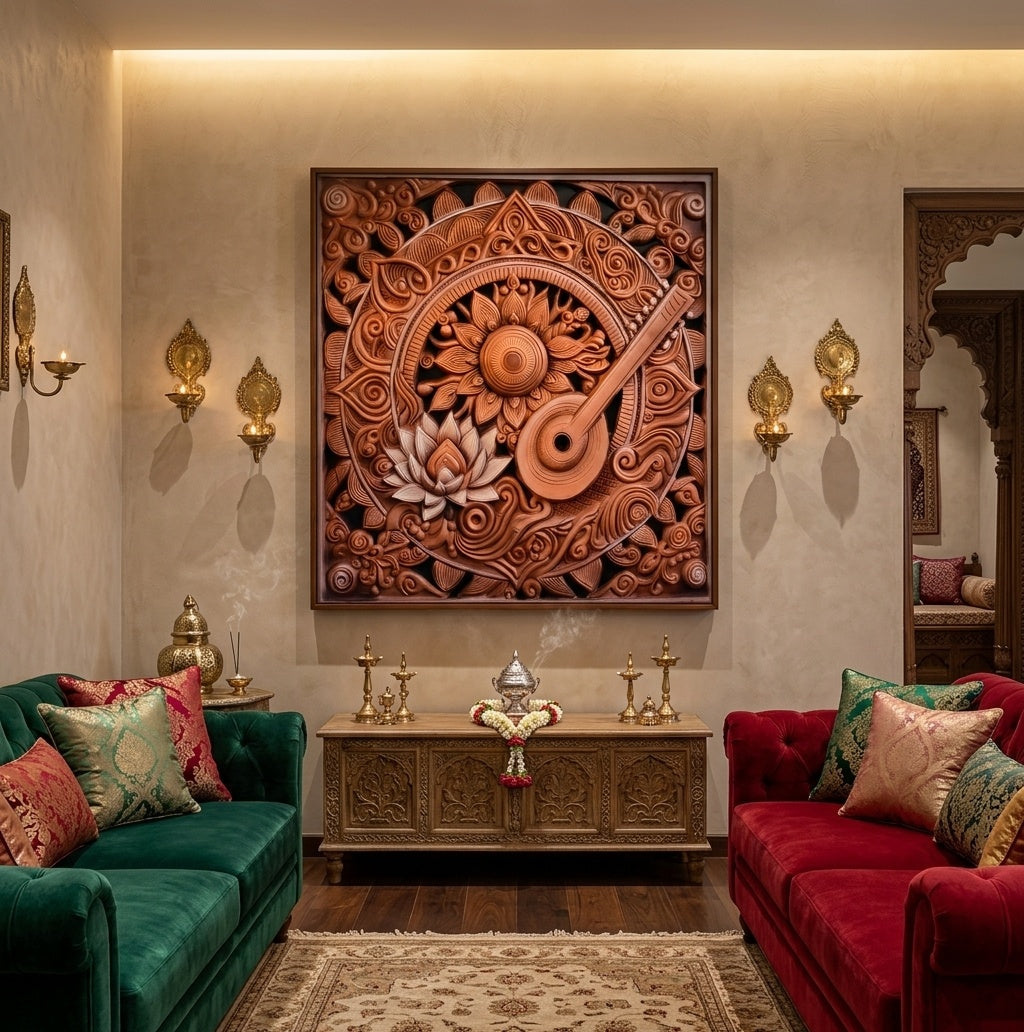 Saraswati Veena & Lotus Terracotta 3D Relief Wall Art - Room Mockup 1