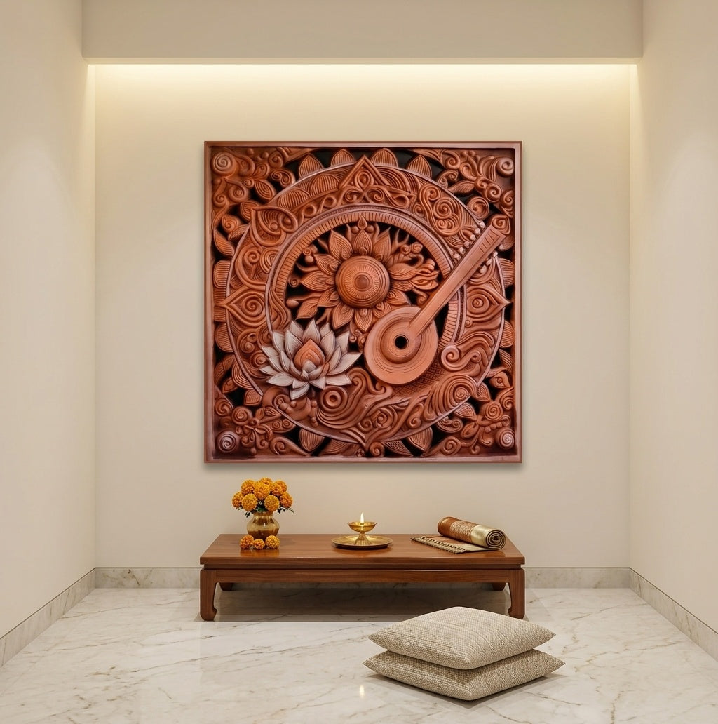 Saraswati Veena & Lotus Terracotta 3D Relief Wall Art - Room Mockup 2