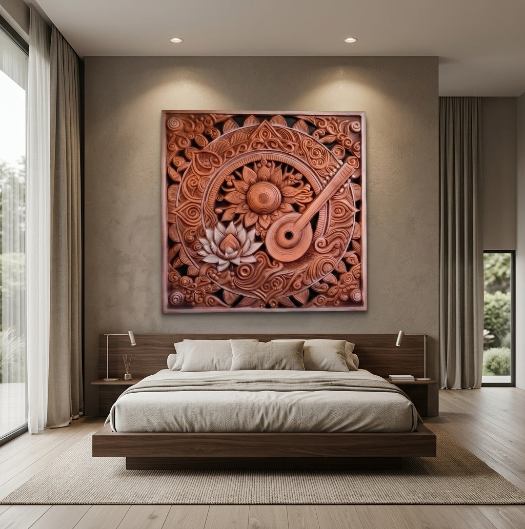 Saraswati Veena & Lotus Terracotta 3D Relief Wall Art - Room Mockup 3