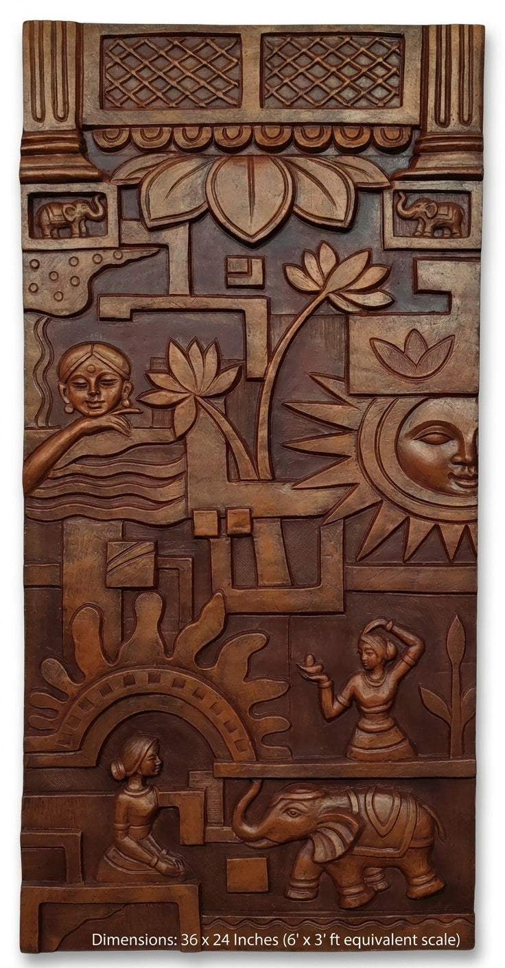 Traditional Indian Surya and Lotus Terracotta Finish 3D Relief Mural Panel - Studio Detail