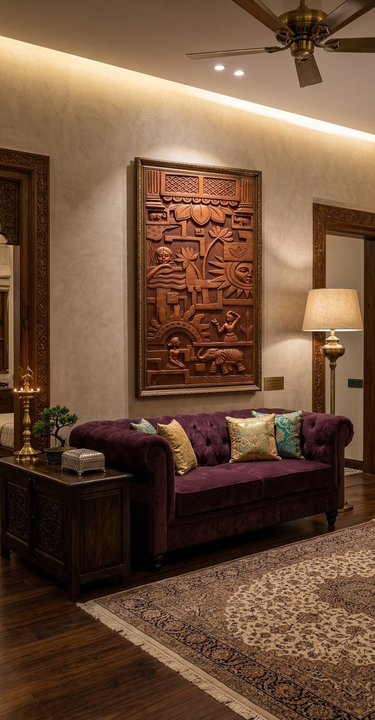 Traditional Indian Surya and Lotus Terracotta Finish 3D Relief Mural Panel - Room Mockup 1