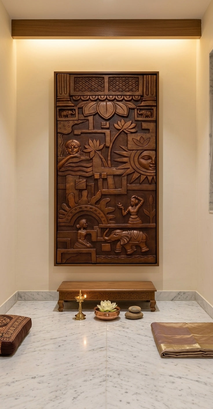 Traditional Indian Surya and Lotus Terracotta Finish 3D Relief Mural Panel - Room Mockup 2