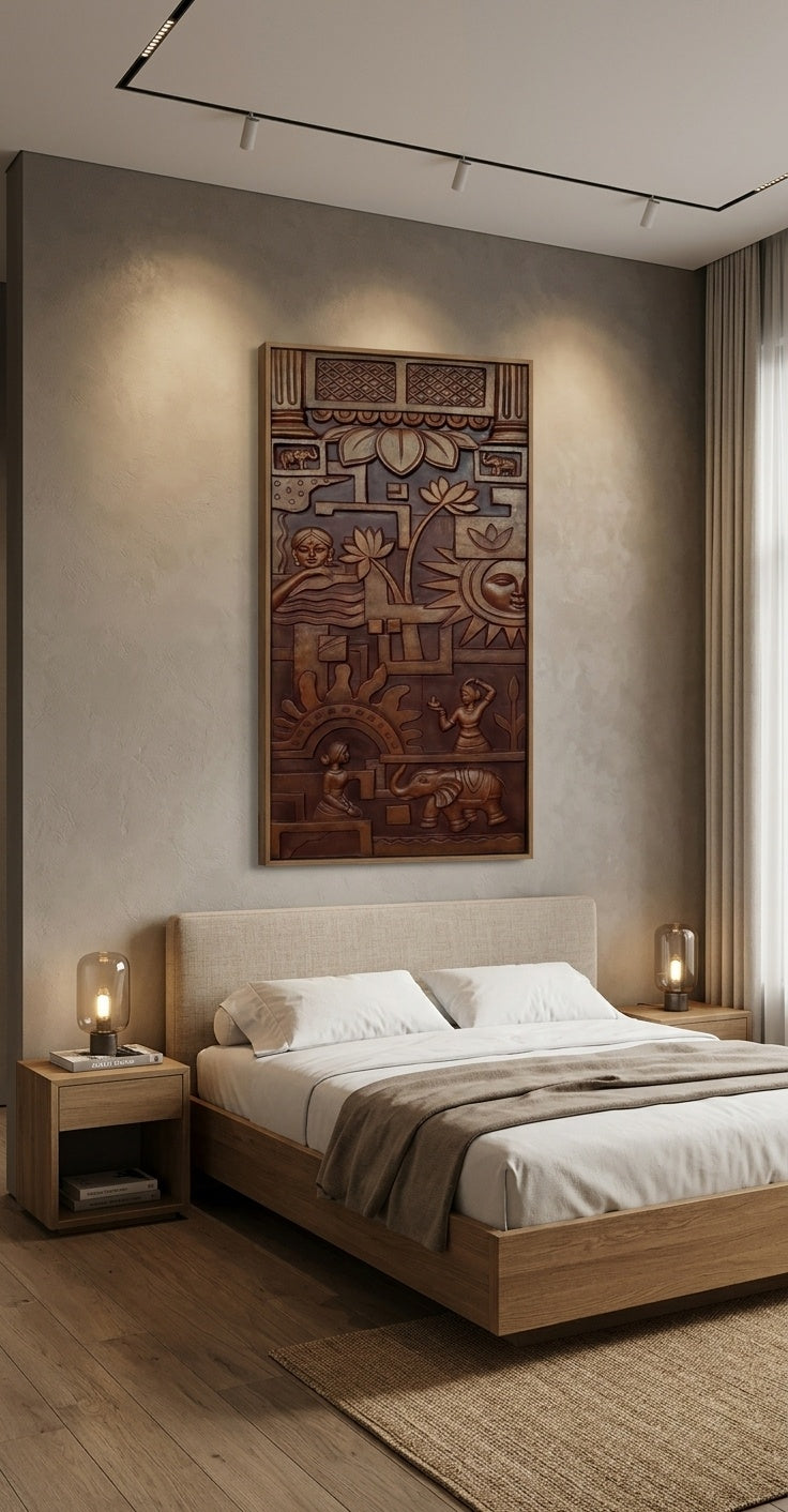 Traditional Indian Surya and Lotus Terracotta Finish 3D Relief Mural Panel - Room Mockup 3