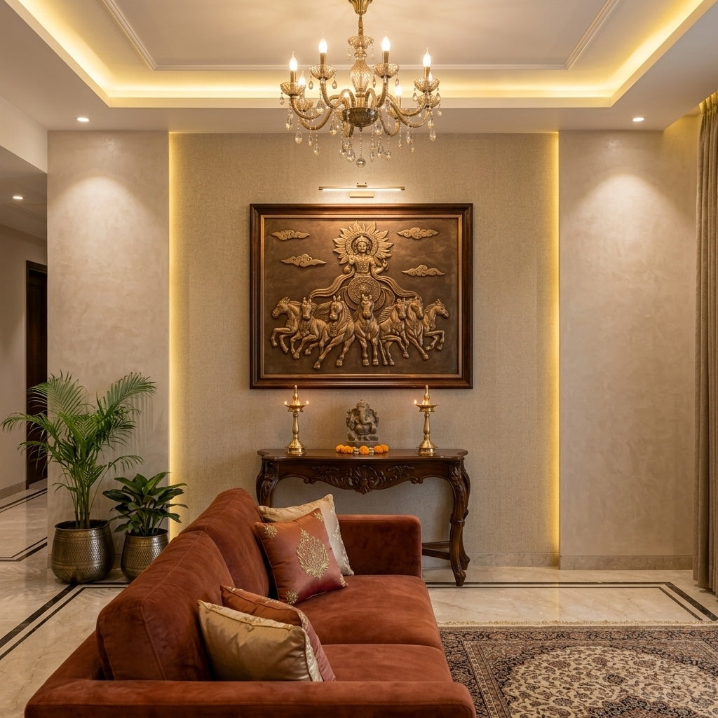 Sun God Surya Dev Chariot with 7 Horses 3D Relief Sculpture Wall Art Mural - Room Mockup 1