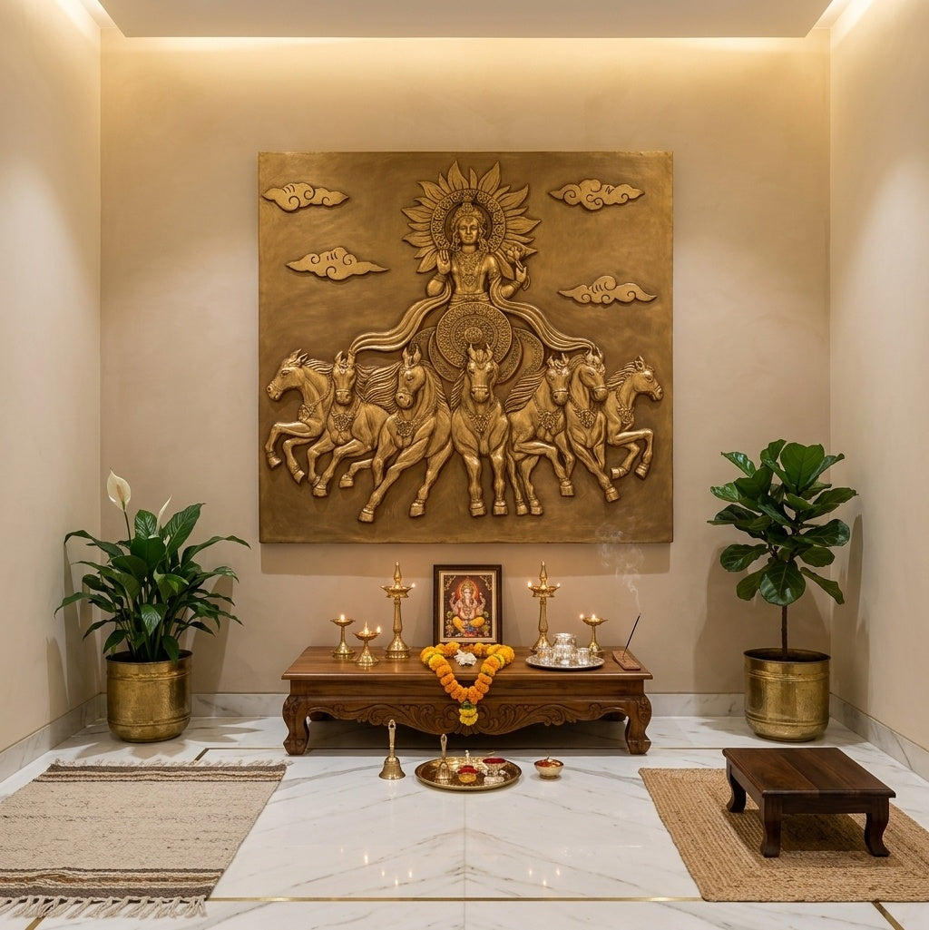 Sun God Surya Dev Chariot with 7 Horses 3D Relief Sculpture Wall Art Mural - Room Mockup 2