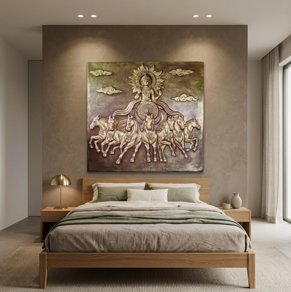 Sun God Surya Dev Chariot with 7 Horses 3D Relief Sculpture Wall Art Mural - Room Mockup 3