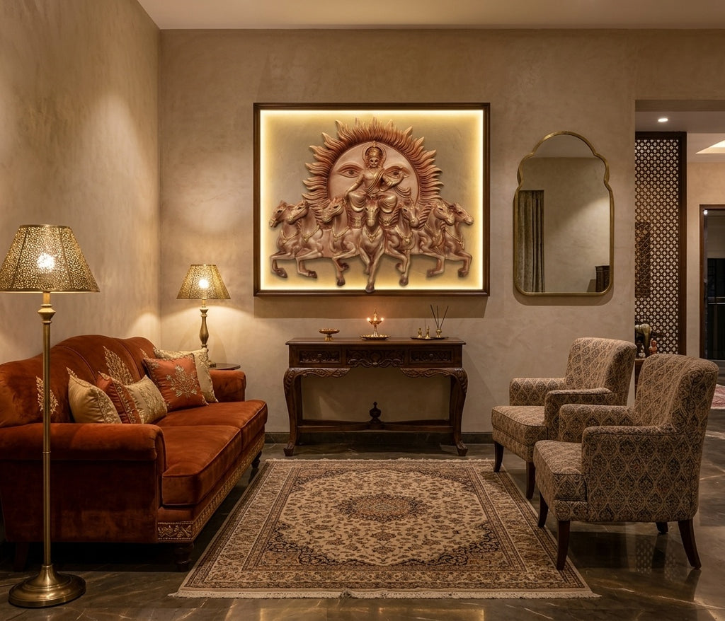 Lord Surya Dev with Seven Horses Chariot 3D Relief Mural Wall Art - Room Mockup 1