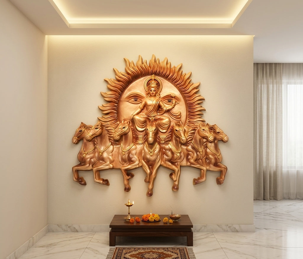 Lord Surya Dev with Seven Horses Chariot 3D Relief Mural Wall Art - Room Mockup 2