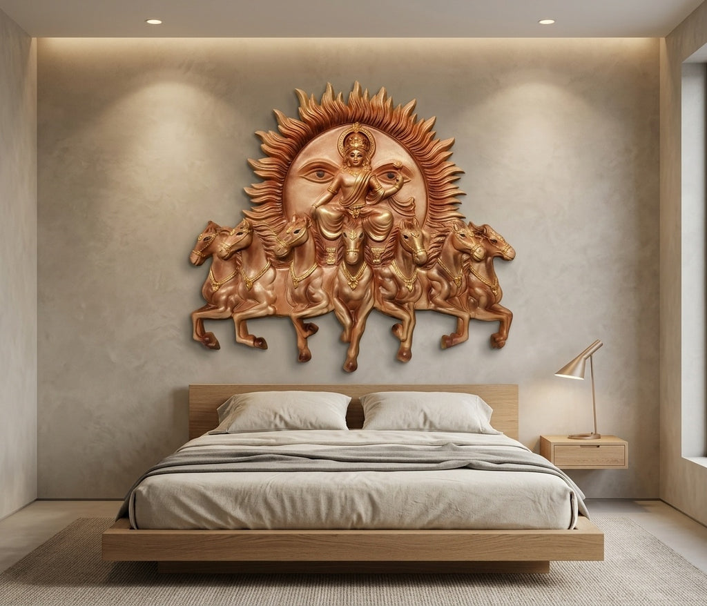 Lord Surya Dev with Seven Horses Chariot 3D Relief Mural Wall Art - Room Mockup 3