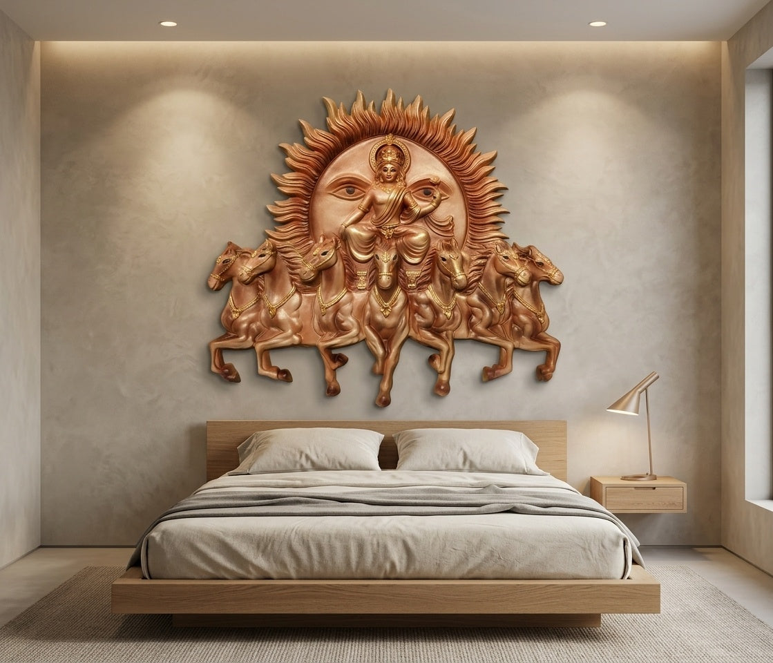 Lord Surya Dev with Seven Horses Chariot 3D Relief Mural Wall Art - Room Mockup 3