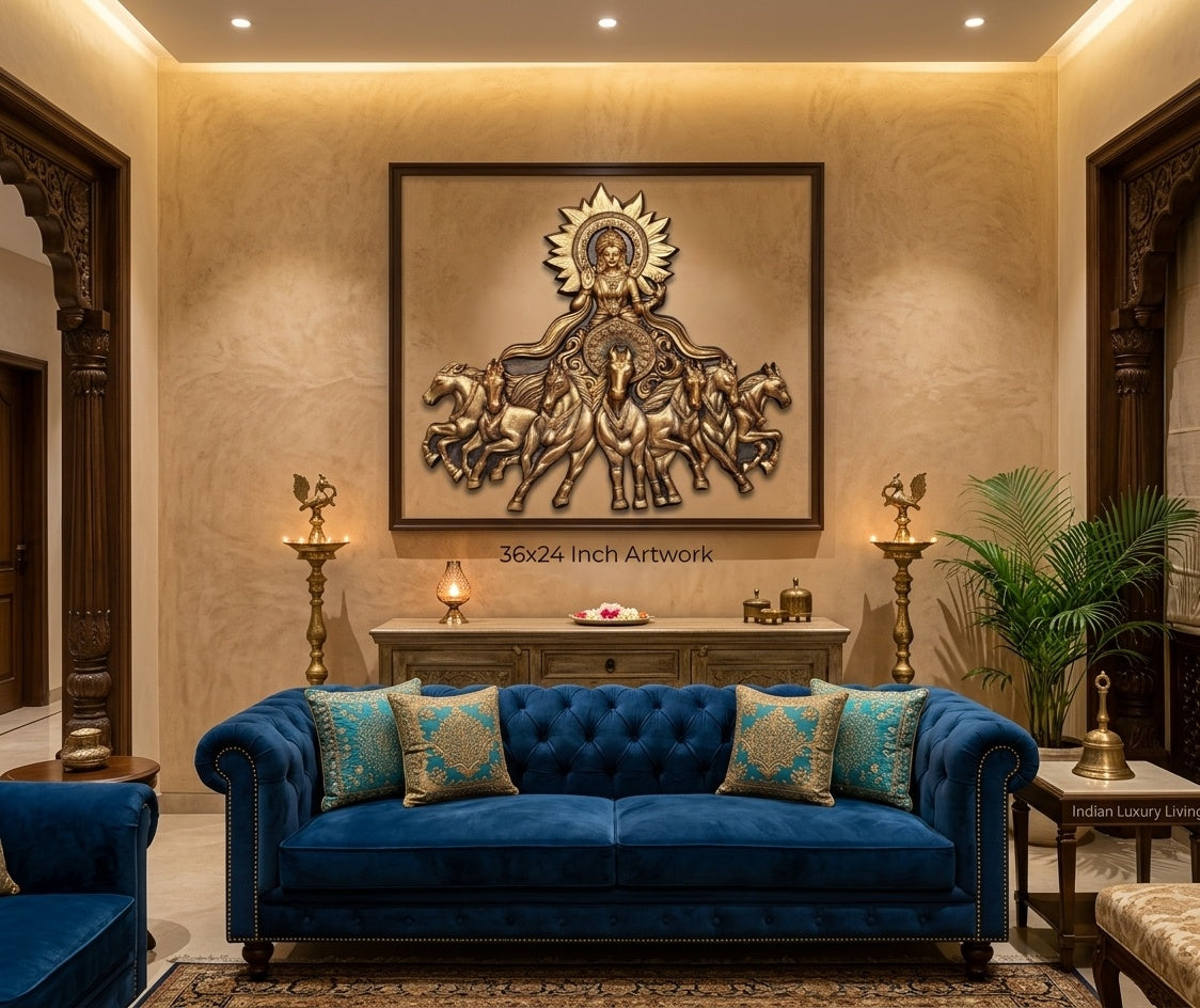 Lord Surya Dev Chariot with 7 Horses 3D Relief Mural - Room Mockup 1