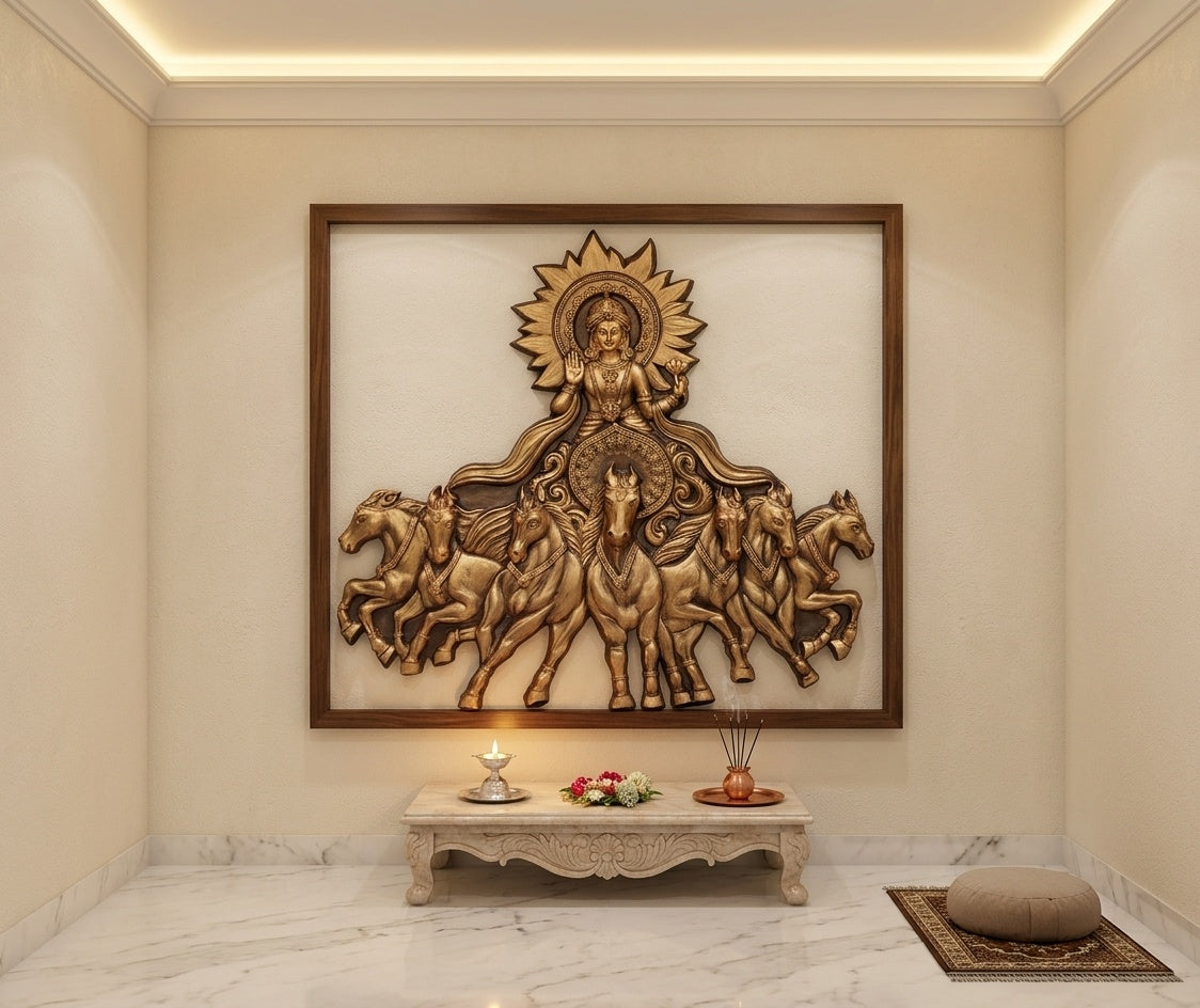Lord Surya Dev Chariot with 7 Horses 3D Relief Mural - Room Mockup 2