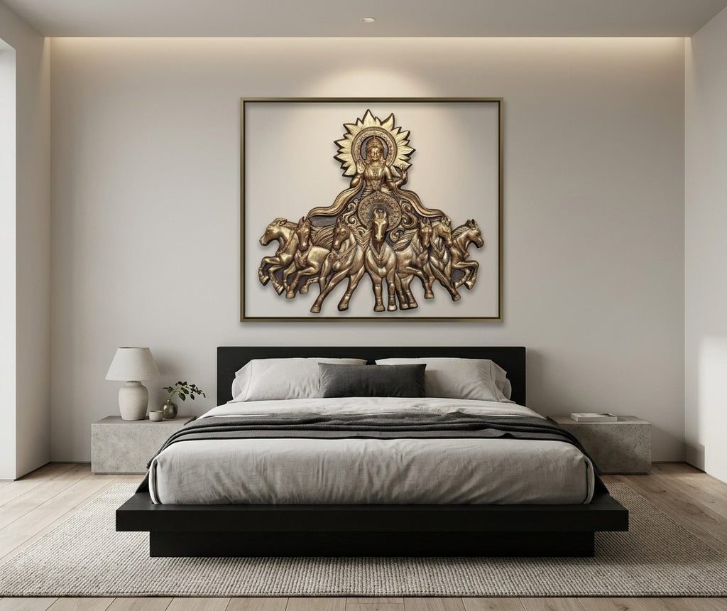 Lord Surya Dev Chariot with 7 Horses 3D Relief Mural - Room Mockup 3