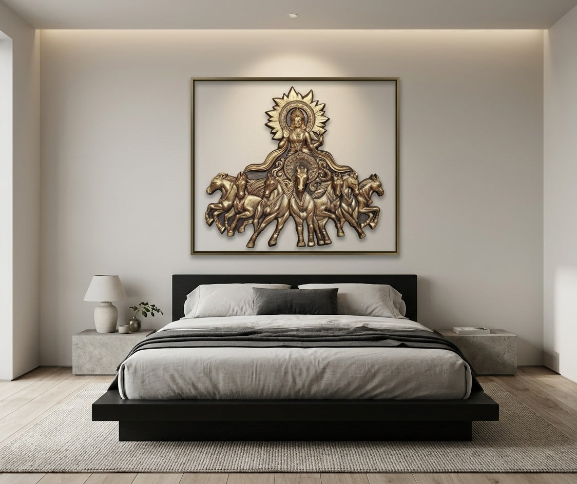 Lord Surya Dev Chariot with 7 Horses 3D Relief Mural - Room Mockup 3
