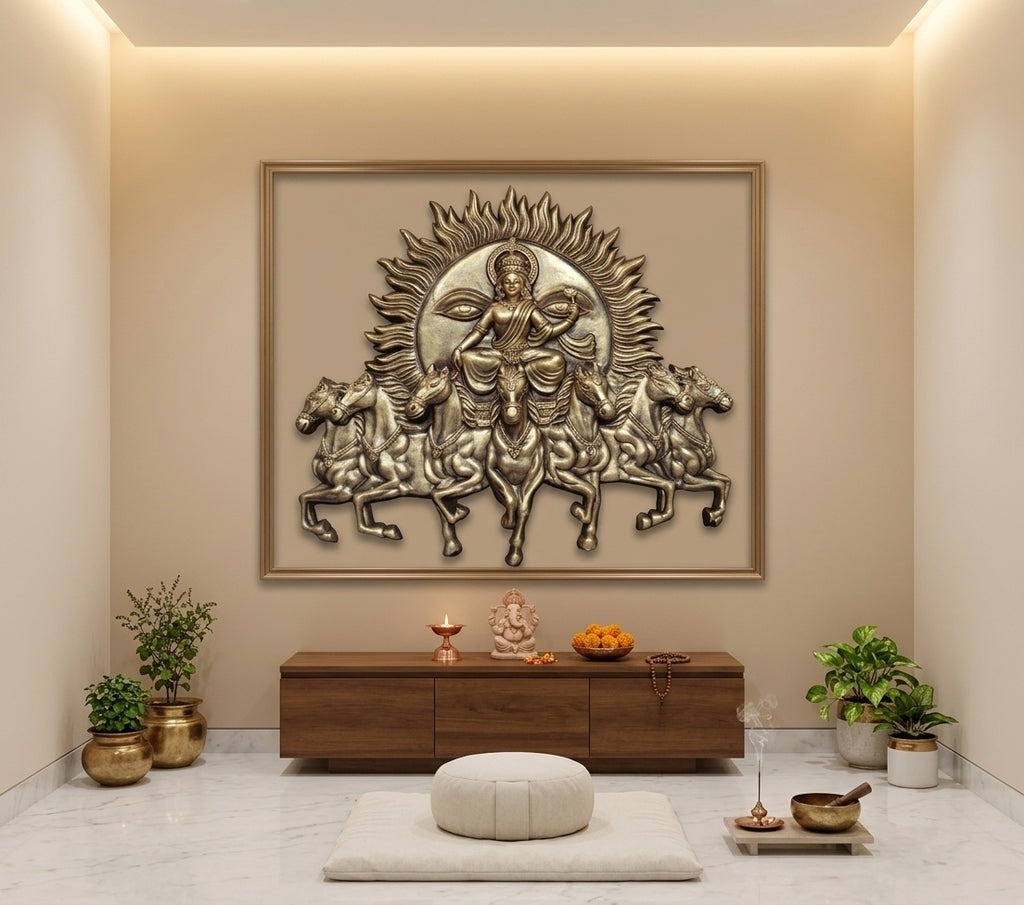 Surya Dev Chariot with 7 Horses 3D Relief Mural Wall Art - Room Mockup 2
