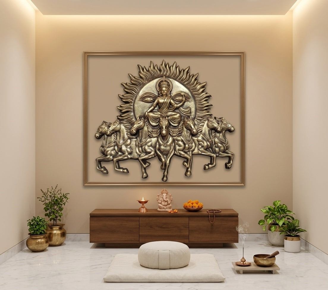Surya Dev Chariot with 7 Horses 3D Relief Mural Wall Art - Room Mockup 2