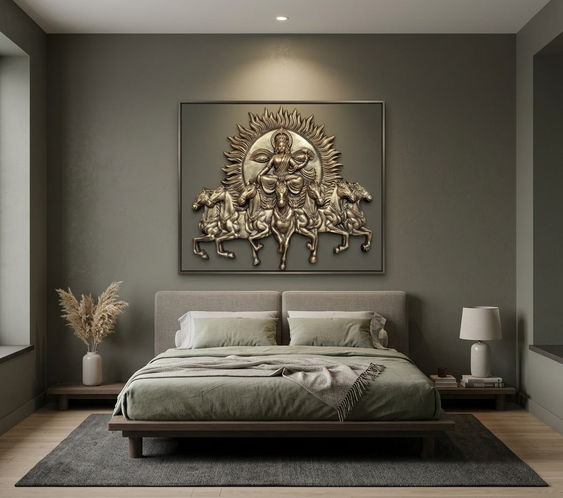 Surya Dev Chariot with 7 Horses 3D Relief Mural Wall Art - Room Mockup 3