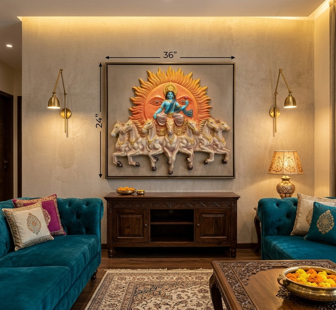 Surya Dev Seven Horses Chariot 3D Relief Wall Art - Room Mockup 1