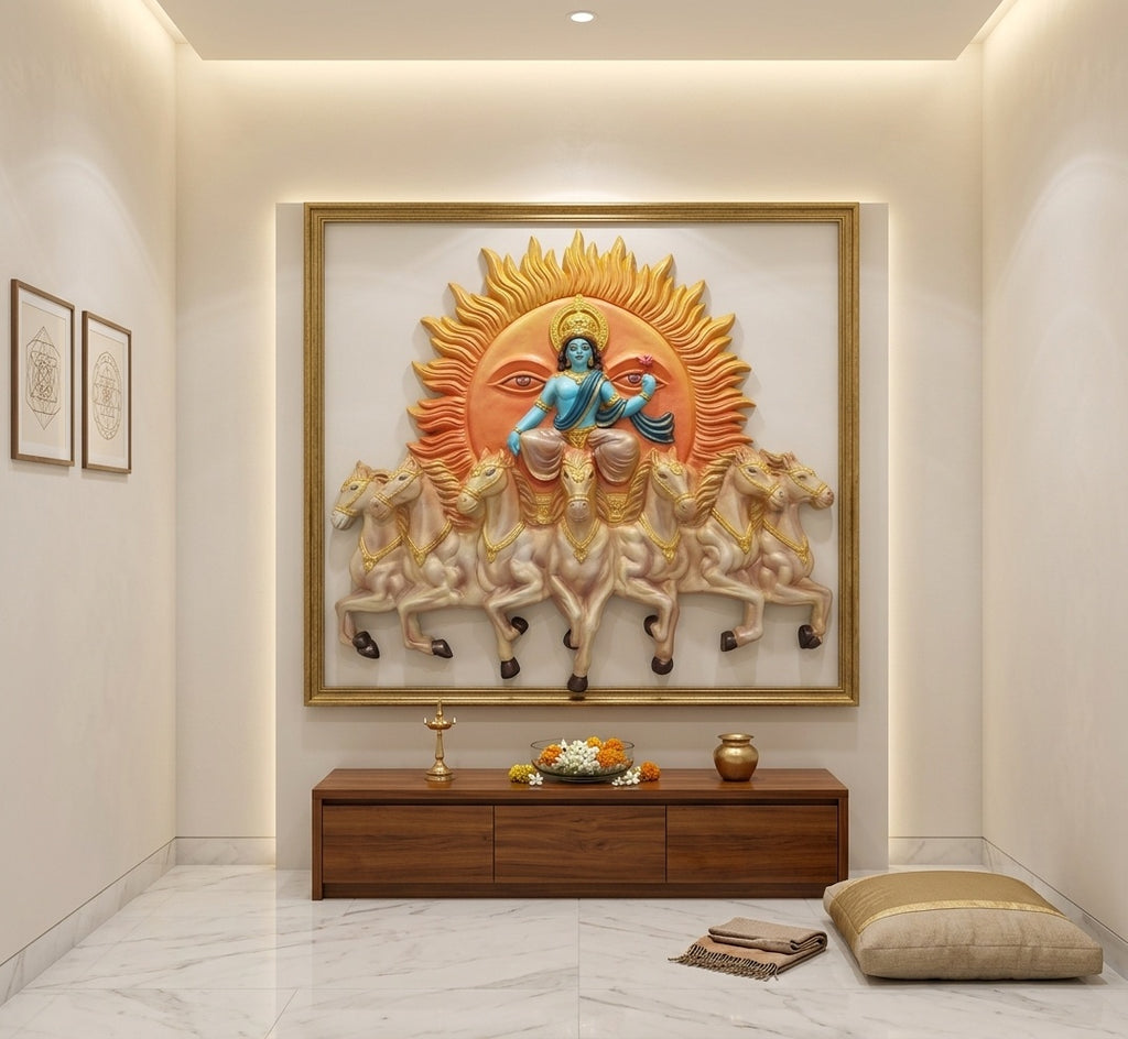 Surya Dev Seven Horses Chariot 3D Relief Wall Art - Room Mockup 2
