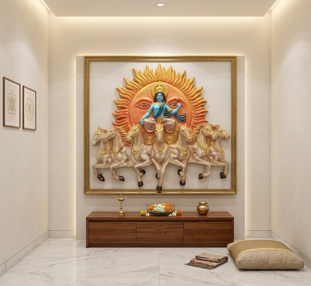 Surya Dev Seven Horses Chariot 3D Relief Wall Art - Room Mockup 2