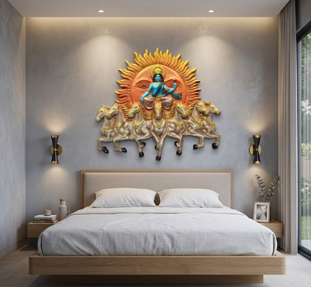 Surya Dev Seven Horses Chariot 3D Relief Wall Art - Room Mockup 3