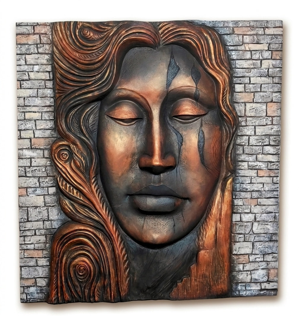 Serene Woman Face 3D Relief Sculpture Mural - Studio Detail