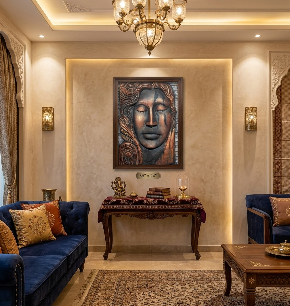 Serene Woman Face 3D Relief Sculpture Mural - Room Mockup 1