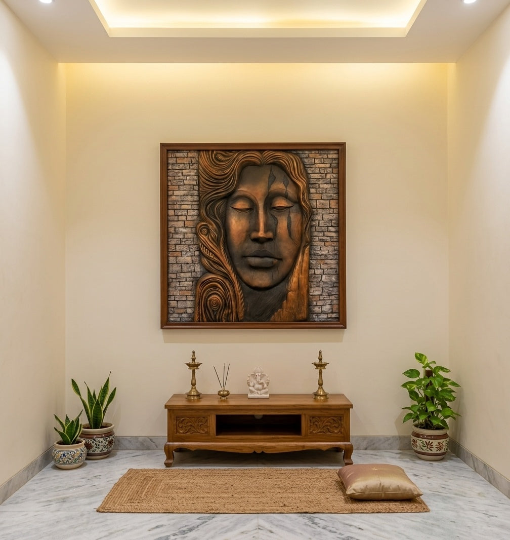 Serene Woman Face 3D Relief Sculpture Mural - Room Mockup 2