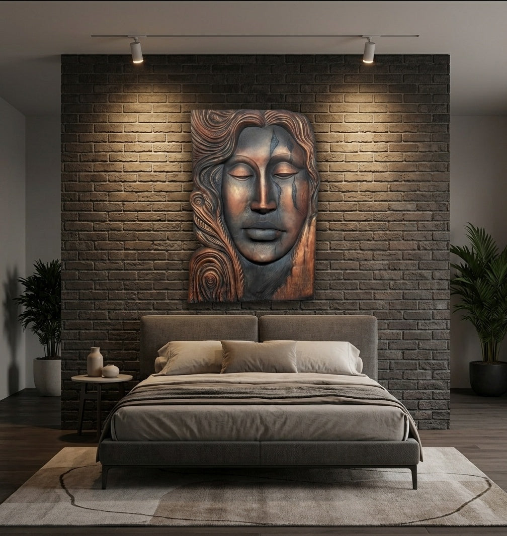 Serene Woman Face 3D Relief Sculpture Mural - Room Mockup 3