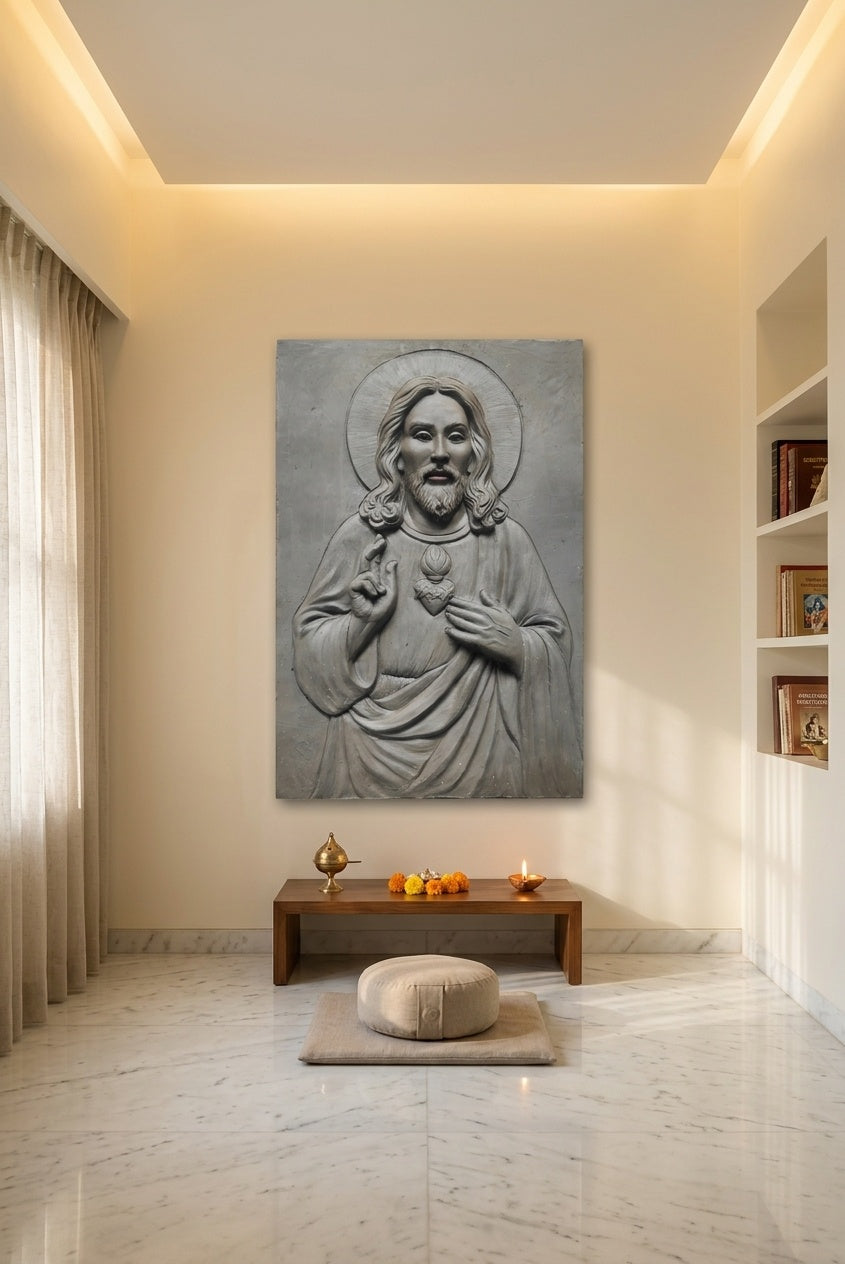 Sacred Heart of Jesus 3D Relief Sculpture Panel - Room Mockup 2