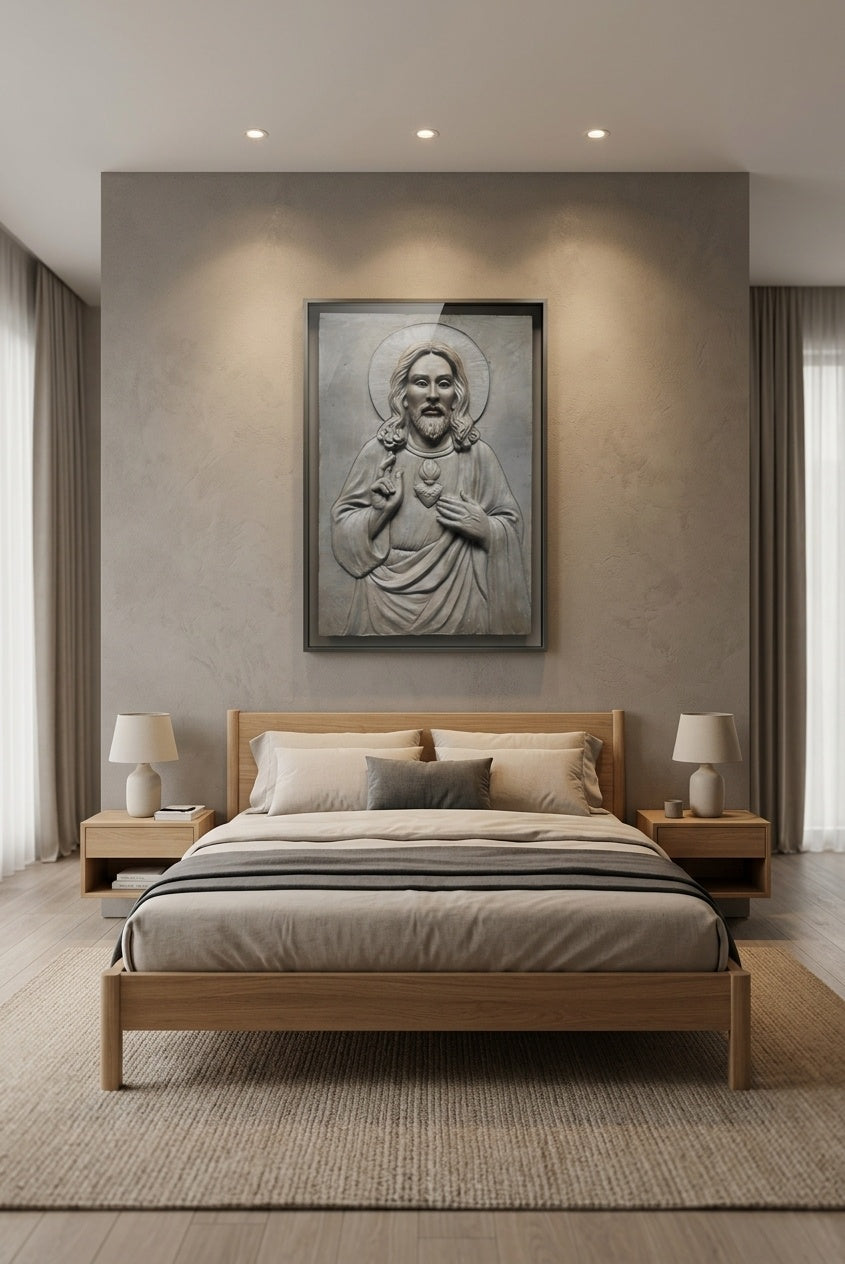Sacred Heart of Jesus 3D Relief Sculpture Panel - Room Mockup 3
