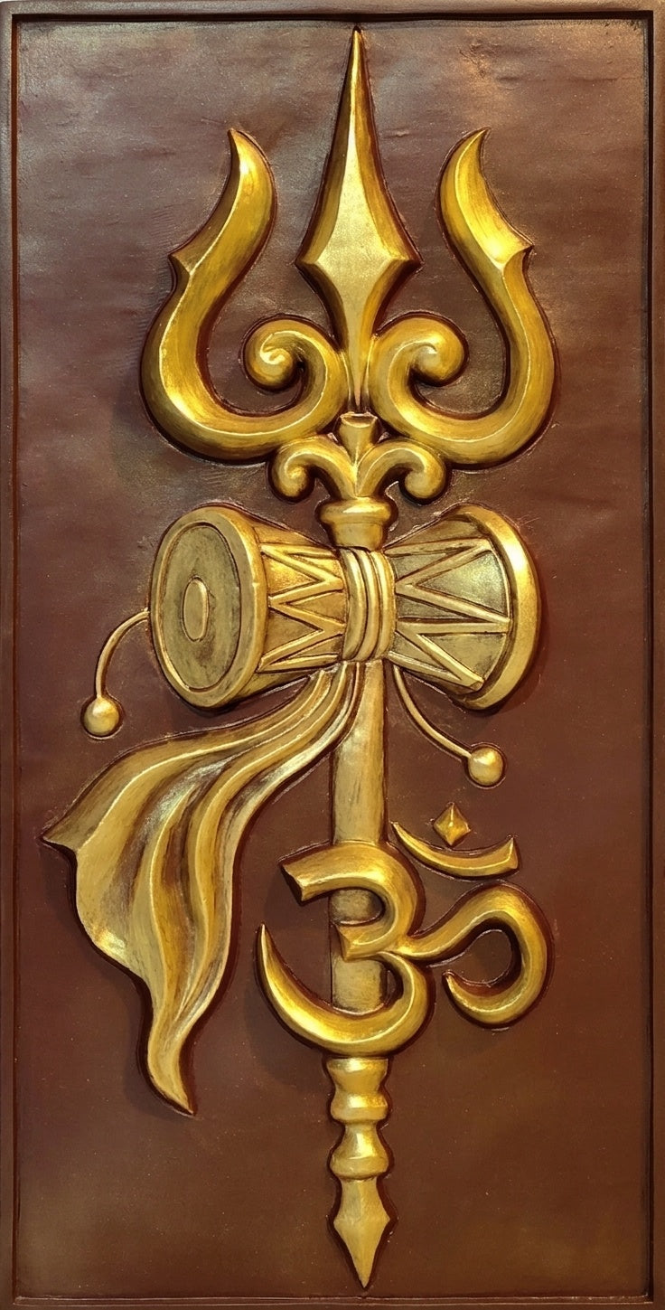 Golden Trishul with Damru and Om 3D Relief Mural Wall Art - Studio Detail