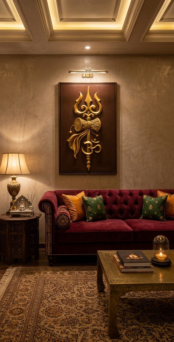 Golden Trishul with Damru and Om 3D Relief Mural Wall Art - Room Mockup 1
