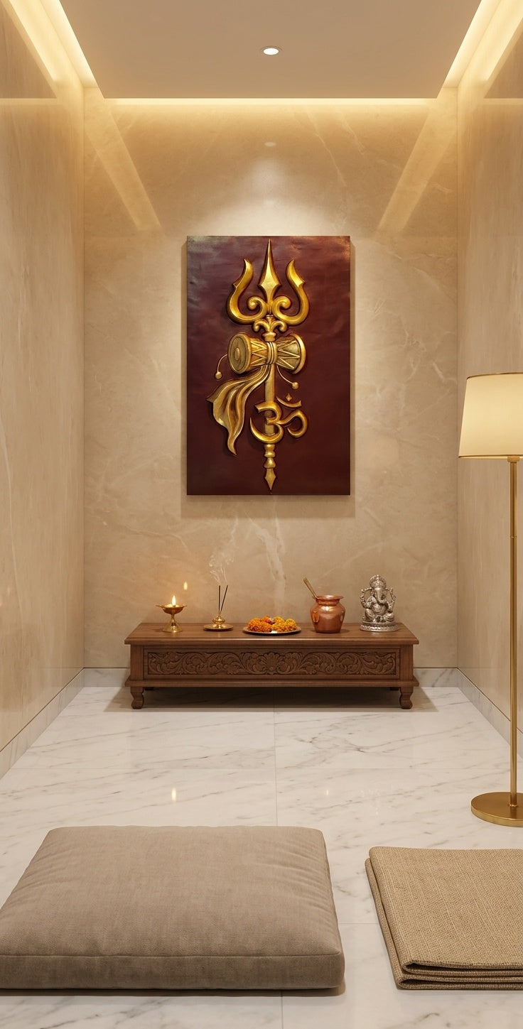 Golden Trishul with Damru and Om 3D Relief Mural Wall Art - Room Mockup 2